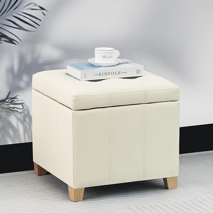 Adeco Faux Leather Storage Ottoman with Hinged Lid, 17.5 Inch High Cream White Square Cube Foot Stool with Storage, Upholstered Vanity Stool with Solid Wood Legs for Living Room, Bedroom, Dorm-Ruum Studio Home