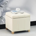Adeco Faux Leather Storage Ottoman with Hinged Lid, 17.5 Inch High Cream White Square Cube Foot Stool with Storage, Upholstered Vanity Stool with Solid Wood Legs for Living Room, Bedroom, Dorm-Ruum Studio Home