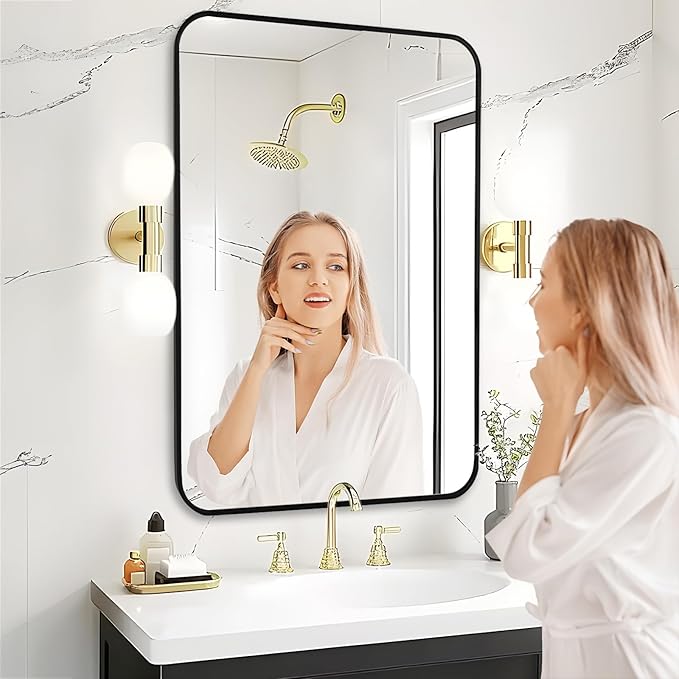 Fabuday Big Black Bathroom Mirror for Over Sink Wall - 26x38 Rounded Rectangle Mirror with Matte Metal Frame, Large Rectangular Vanity Mirrors for Bedroom, Entryway, Horizontally/Vertically-Ruum Studio Home