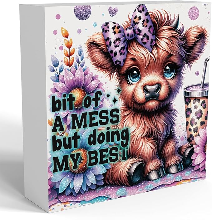 Highland Cow Baby Decor, Highland Cow Sunflower Decor, Highland Cow Gifts for women, Highland Cow Nursery Decor, Wooden Box Decor Sign for Home Farmhouse Office Living Room Table Shelf Tiered-Ruum Studio Home