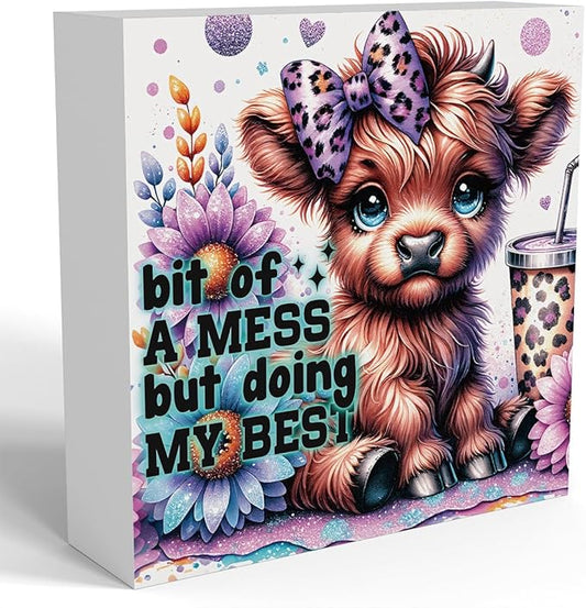 Highland Cow Baby Decor, Highland Cow Sunflower Decor, Highland Cow Gifts for women, Highland Cow Nursery Decor, Wooden Box Decor Sign for Home Farmhouse Office Living Room Table Shelf Tiered-Ruum Studio Home