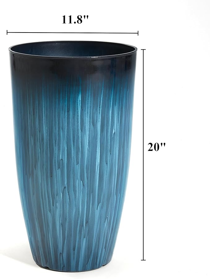 Worth Garden 20" H. Large Plastic Planters - Set of 2 Gradient Blue Glossy Smooth Finish - Tall Plant Pots for Indoor & Outdoor Use - Decorative Lightweight Flower Pots for Front Porch, Patio, Deck-Ruum Studio Home