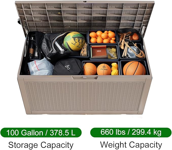100 Gallon Outdoor Deck Box,Storage Lockable Waterproof Patio Furniture,Garden Tools,Cushions,Pool Accessories Outside Storage Resin Box(Grey)-Ruum Studio Home
