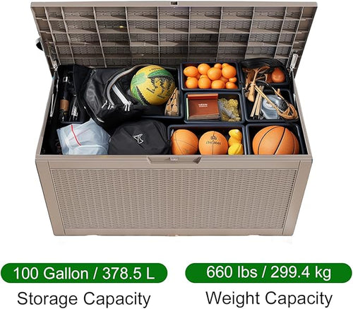 100 Gallon Outdoor Deck Box,Storage Lockable Waterproof Patio Furniture,Garden Tools,Cushions,Pool Accessories Outside Storage Resin Box(Grey)-Ruum Studio Home