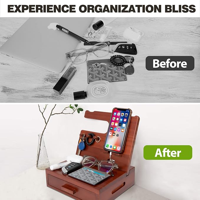 Solid Wood Nightstand Organizer by SolaJoy, Docking Station, Gifts for Men, Made of Cedar, Versatile Bedside Table Organizer for Cellphone, Watch, Headphone, Keys Walnut Wood-Ruum Studio Home