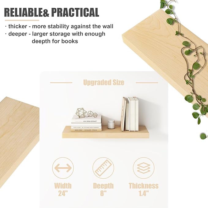 Floating Shelves for Wall, USA-Sourced Maple Wood 24 Inch Wall Shelves Set of 2, Natural Wooden Mounted Picture Ledge Shelf, Nursery Book Storage Shelf Kids Bookshelf, Display Shelf for Bathroom-Ruum Studio Home