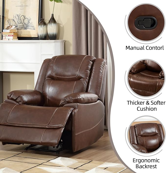 EBELLO Genuine Leather Manual Recliner Chair, Reclining Sofa Chair Couch for Living Room, Bedroom Furniture, Meeting Room, Brown-Ruum Studio Home