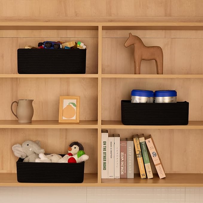 Large Shallow Organizing Baskets 15x11x5.1 Inches - Rope Woven Storage Bins for Bathroom, Shelves, Cube Closet, Black 2 Packs-Ruum Studio Home