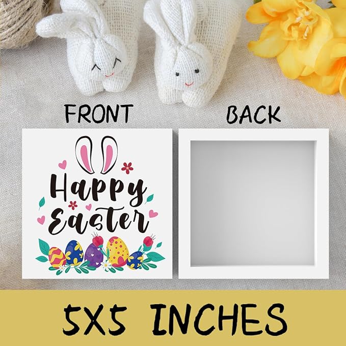 Rustic Farmhouse Bunny Easter Decorations Country Home Office Desk Decor Happy Easter Sign Cubicle Shelf Tabletop Tiered Tray Decor Gifts for Women 5 X 5 Inch-Ruum Studio Home