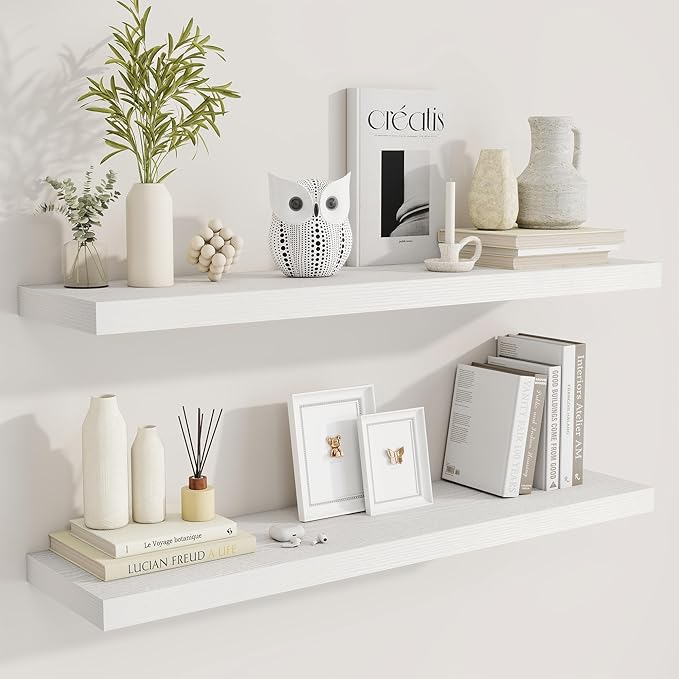 Fun Memories 40" Rustic Wood Floating Shelves with Invisible Brackets for Storage & Decor, Deep Wall Mounted Shelves for Bathroom, Kitchen, Living Room (White, Set of 2)-Ruum Studio Home