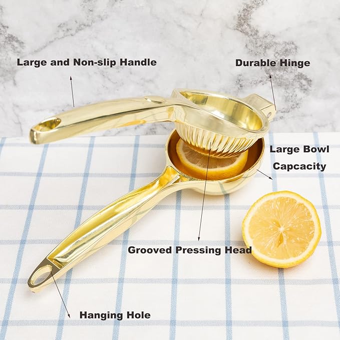 Lemon Squeezer, Heavy Duty Zinc Alloy Manual Lemon Juicer, High Yield Threaded Groove Small Oranges Limes Citrus Juicer Hand Press, Juice Maker for Cocktails Home Restaurant Kitchen Utensils(Gold)-Ruum Studio Home
