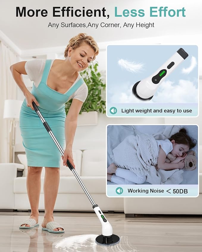 Electric Spin Scrubber, Cordless Shower Scrubber Rotary Floor Brushes & Pad Drivers with 9 Brush Heads - 2H Dual Speed, IPX7 Waterproof Extension Handle for Bathroom Tile Car Cleaning, Whtie-Q-Ruum Studio Home