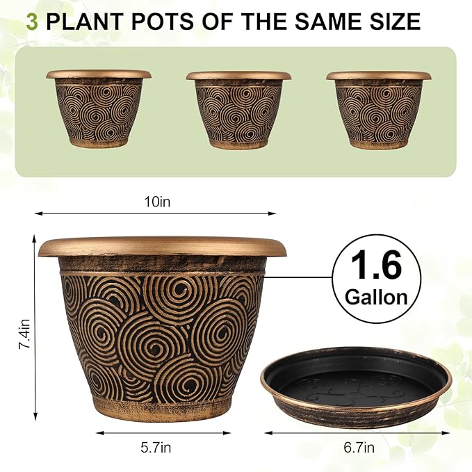 10 Inch Flower Pots Planters for Indoor Outdoor Plants, 3 Pack Plastic Large Plant Pots with Drainage Hole & Tray, Modern Decorative Garden Pot with Saucer, Plant Container for House-Ruum Studio Home