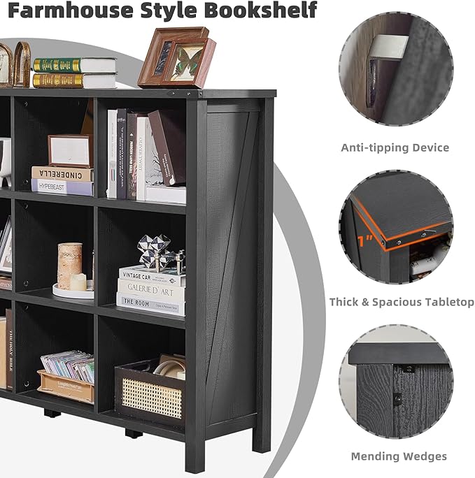 9 Cube Bookcase, Farmhouse 47 Inch Wide Black Bookshelf, Wooden 3 Tier Display Large Open Book Shelf, Vintage Horizontal Book Case for Home Office, Cubby Storage Cabinet for Living Room-Ruum Studio Home