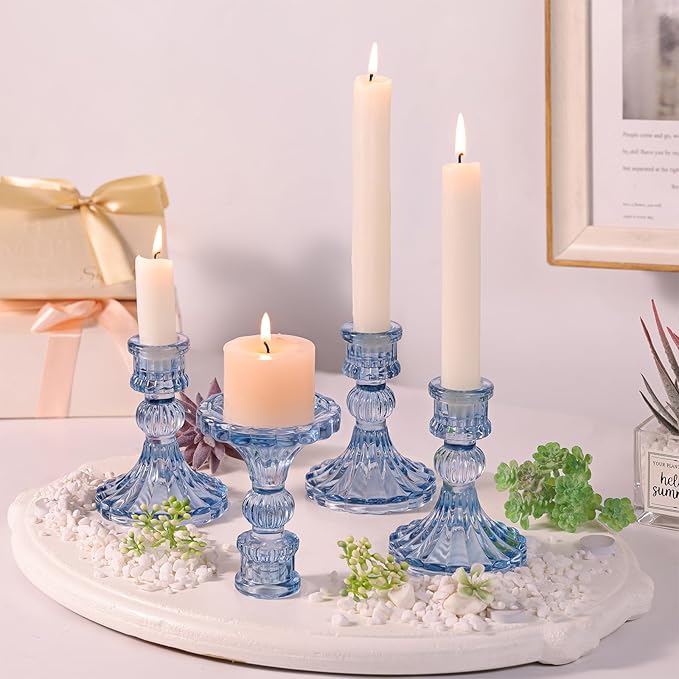12PCS Blue Candlestick Holders Set- 4" H Taper Candle Holders, Glass Candle Holders Bulk for Wedding, Party, Home Table Centerpieces, Festival Gifts & Windowsill Decor-Ruum Studio Home