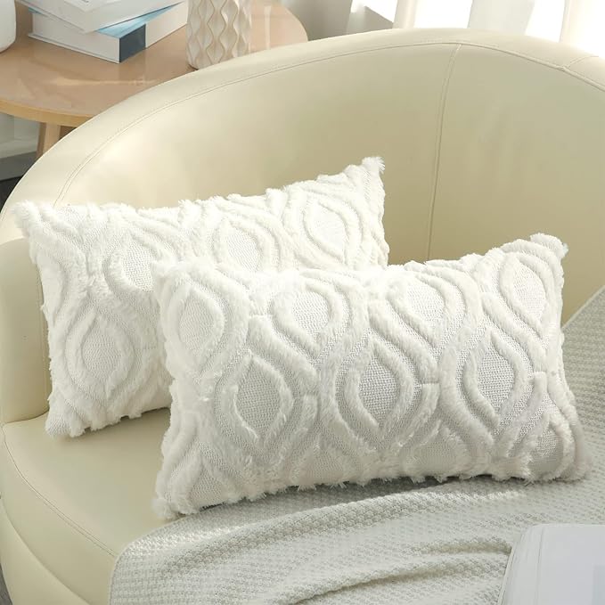 decorUhome Throw Pillow Covers 12x20 Inch Set of 2, Soft Plush Decorative Faux Fur Cream Beige Solid Couch Pillow Covers, Accent Farmhouse Neutral Lumbar Euro Pillow Cases for Sofa Bed Living Room-Ruum Studio Home