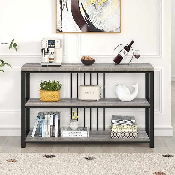 FOLUBAN Console Tables for Entryway, Sofa Table with 3 Tier Storage for Living Room Hallway Foyer Behind Couch, Rustic Light Grey-Ruum Studio Home