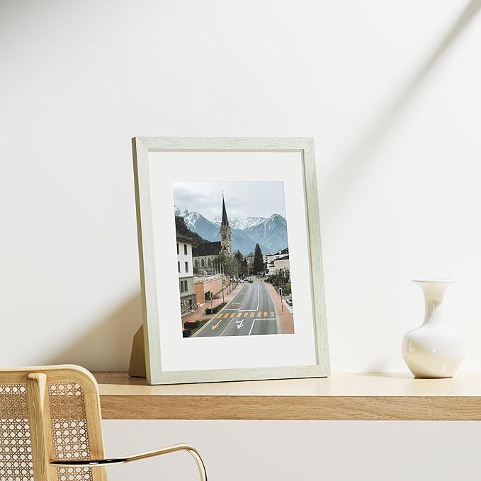Vittanly 11x14 Picture Frames Set of 9, Shatter Resistant Plexiglass, Display 8x10 Pictures with Mat or 11x14 without Mat, Photo Frames for Wall or Tabletop, Engineered Wood, Whitemist-Ruum Studio Home