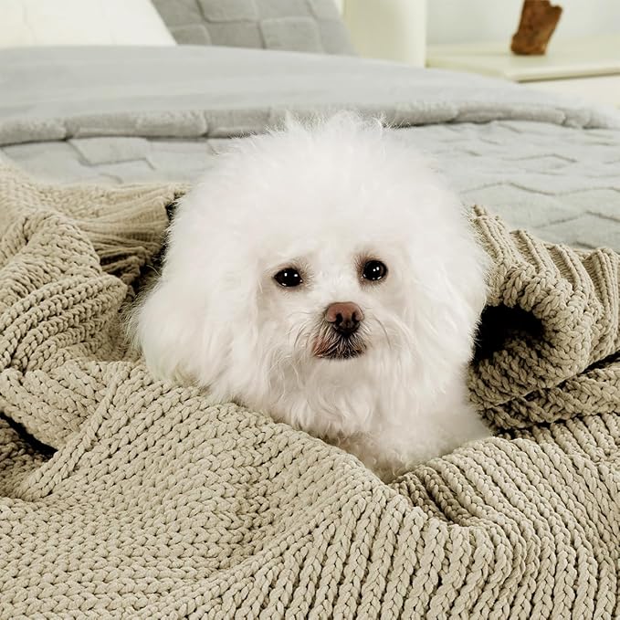 Amélie Home Chenille Knit Throw Blanket for Couch, Chevron Texture Decorative Soft Blanket for Sofa, Bed & Chair, 50"x60", Beige-Ruum Studio Home