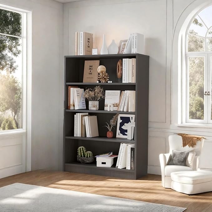 Bookshelf, Open Modern Bookshelf, 4 Shelf Bookcase with Freestanding Display Storage, Wooden Book Shelf for Bedroom, Living Room, Dinning Room, Office, 48 Inch, Gray-Ruum Studio Home