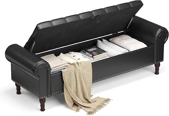 60" Storage Ottoman Bench for Bedroom, Full Queen Storage Bench with Button, Upholstered Bedroom Bench with Rolled Arms for Living Room, Storage Room, Entryway, Black-Ruum Studio Home