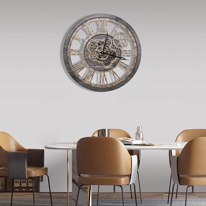The B-Style Large Wall Clock 18 inch Moving Gear Wall Clock Oversized Vintage Farmhouse Wall Clocks for Living Room Decor Rustic Industrial Wood Clock (Carbon Gray)-Ruum Studio Home
