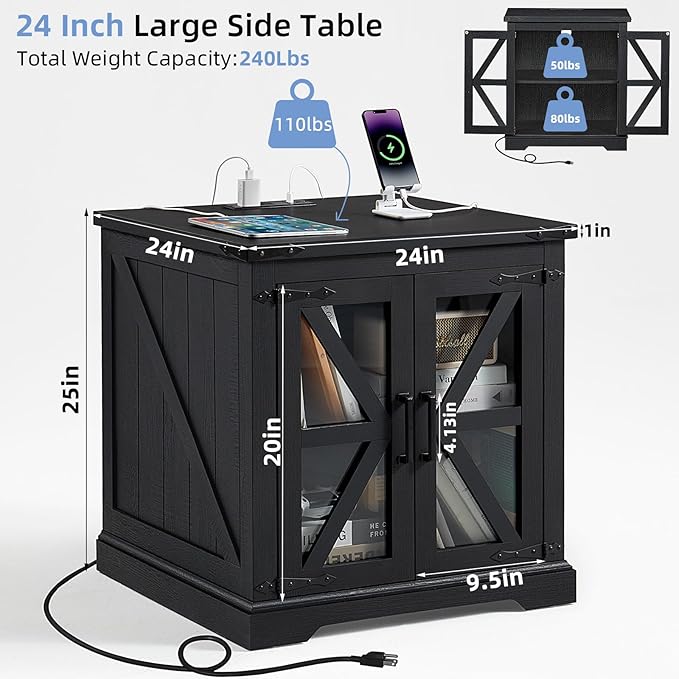 24" End Table with Charging Station, Farmhouse Night Stand with Glass Barn Door, Black Nightstands with Adjustable Storage Shelf, Large Wood Square Bed Side Table for Living Room,Bedroom-Ruum Studio Home
