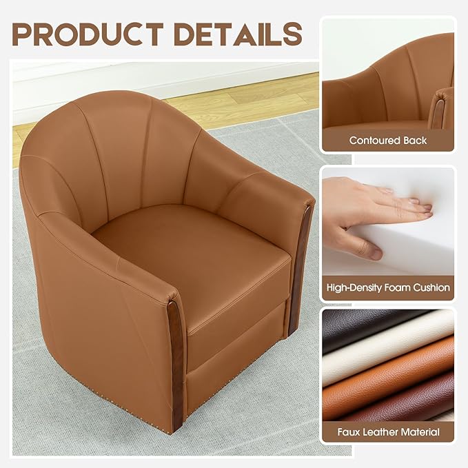 360° Swivel Accent Chair, Modern Leather Barrel Club Chair with Leather Upholstery and Sturdy Wood Base, Comfortable Armchair for Living Room, Bedroom, Reading Nook, Brown-Ruum Studio Home