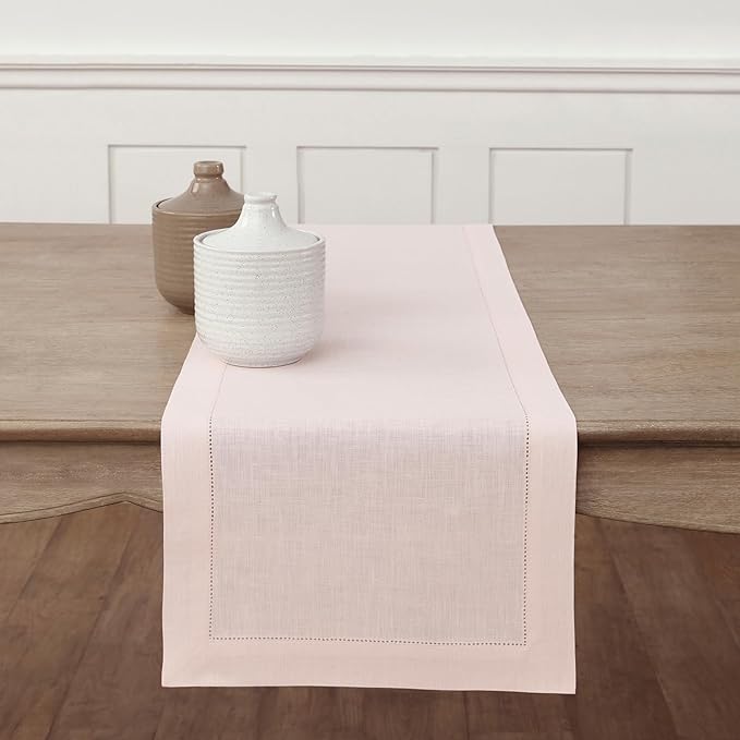 Solino Home Linen Pink Table Runner 60 Inches - Classic Hemstitch, 100% Pure Linen Coffee Table Runner 14 x 60 Inch Ideal for Dresser Tables - Halloween-Ruum Studio Home