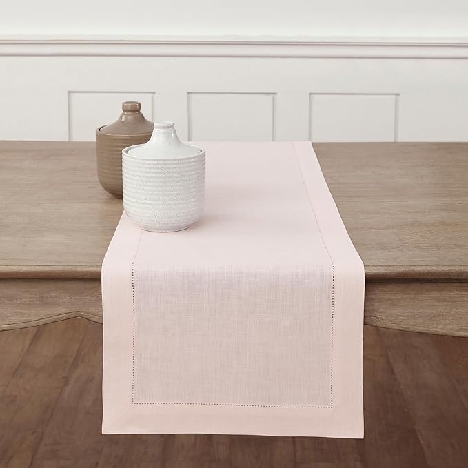 Solino Home Linen Pink Table Runner 48 Inches - Classic Hemstitch, 100% Pure Linen Coffee Table Runner 14 x 48 Inch Ideal for Dresser Tables - Halloween-Ruum Studio Home