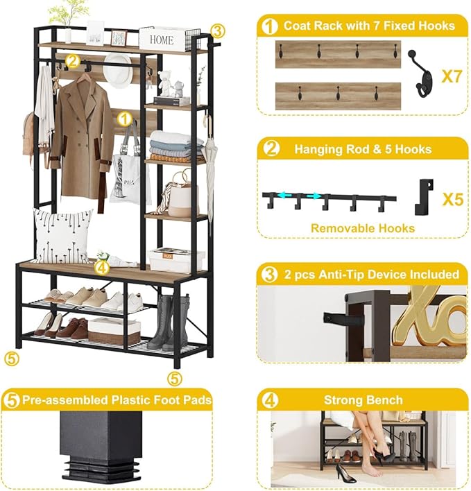 BON AUGURE Farmhouse Hall Tree for Entryway, Mudroom Bench with Shoe Storage, Large Coat Rack Shoe Bench with 5 Tier Open Shelves, Adjustable Side Hooks and Hanging Rod for Foyer (Vintage Oak)-Ruum Studio Home