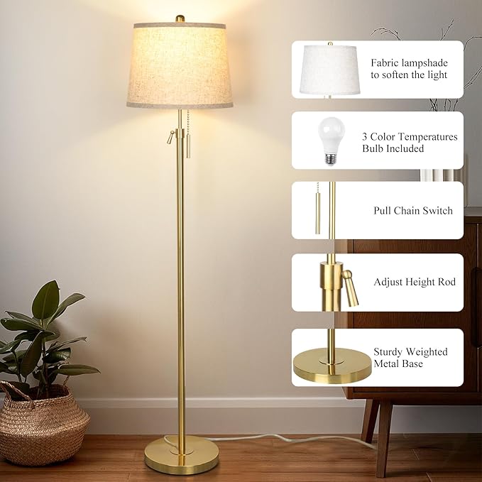 Gold Floor Lamp for Living Room 55-65" Adjustable Modern Brass Standing Lamp with Pull Chain Tall Pole Light with Beige Shade for Bedroom Reading Office Corner Nursery 9W LED Bulb Included 3 ColorTemp-Ruum Studio Home