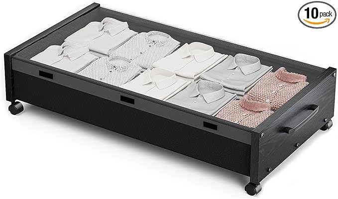 Wooden Under Bed Storage with Wheels, Rolling Under the Bed Storage Bins with Removable Lid, Metal Under Bed Drawers for Clothes and Shoes in Bedroom or Living Room(Black Wood-1pack)-Ruum Studio Home