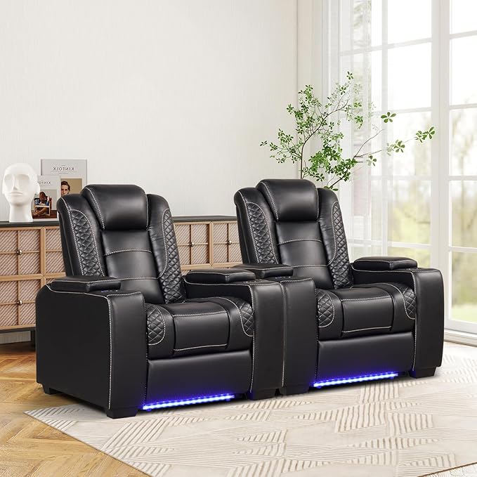 ANJ Power Home Theater Seating Set of 2, PU Leather Electric Recliner Chair with Powered Headrest, Dual Motors Movie Reclining Chairs with LED Lights,USB Port, Cup Holders, Hidden Arm Storage (Black)-Ruum Studio Home