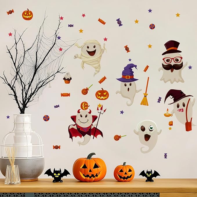 6 Sheet Halloween Stickers Clings Cute Ghost Decals Decor for Kids, Vintage Ghost Evil Pumpkin Reusable Window Stickers for Halloween Party Supplies Home Glass Decorations-Ruum Studio Home