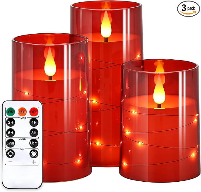 NURADA Flickering Flameless Candles: Built-in Star String Lights Battery Operated LED Pillar Candles with Remote and Timer Romantic Decorations for Wedding Party Christmas Halloween - Red 3 Pack-Ruum Studio Home