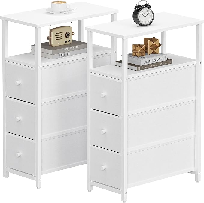 TUTOTAK Narrow Night Stand, Slim End Table, Tall Side Table with 3 Fabric Drawer, Small Bedside Table with Storage, Set of 2, for Living Room, Bedroom, White TB01BW072-Ruum Studio Home