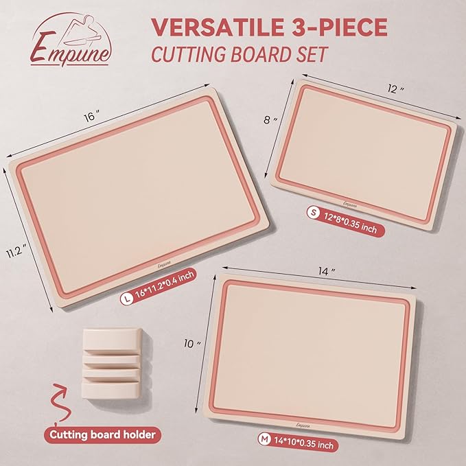 Empune Plastic Cutting Board Set, Recycled Plastic Cutting Boards for Kitchen (Set of 3), Dishwasher Safe Large Chopping Board with Holder, Non-slip Feet and Juice Grooves, Nonporous, Pink-Ruum Studio Home