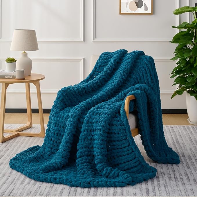 L'AGRATY Chunky Knit Blanket Throw: 72''x84'' Chenille Chunky Knitted Throw Blankets for Bed Couch - Handmade Thick Big Cable Knit Blanket - Large Crochet Rope Blankets for Home Decor(Blue)-Ruum Studio Home