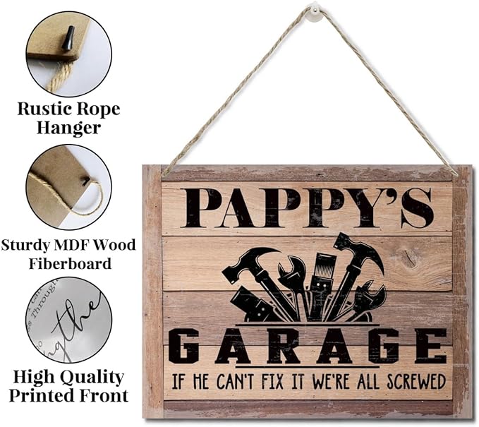 Rustic Sign, Father's Day Gift, Dad's Gift, Grandpa's Gift, Decor Hanging Wood Signs, Printed Wood Wall Art Sign, Pappy's Garage, If He Can't Fix It We're All Screwed, Vintage Sign Gift for Grandpa-Ruum Studio Home