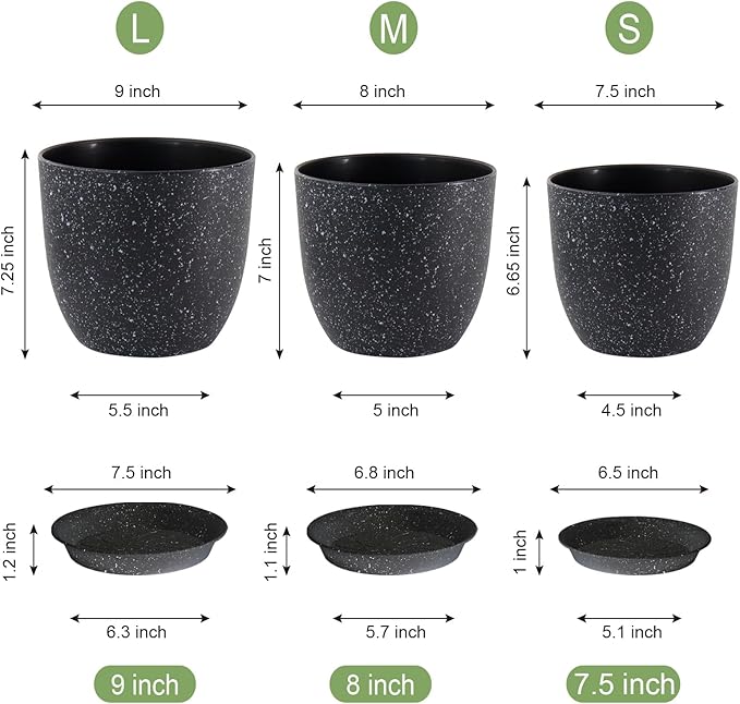 9/8/7.5 inch Plant Pots, Set of 3 Modern Decorative Plastic Planters with Drainage Holes and Saucer for Garden House Plants, Flower Pots for Indoor Outdoor Plants, Speckled Black-Ruum Studio Home