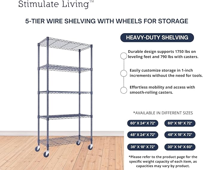 30"x14"x60" PRIME HEAVY DUTY Black 5-Tier Wire Shelving 1,750 LBS MAX Capacity Storage Rack for Commercial, School, Home, Garage, Warehouse, Industrial, and Hospital Uses (with Wheels)-Ruum Studio Home