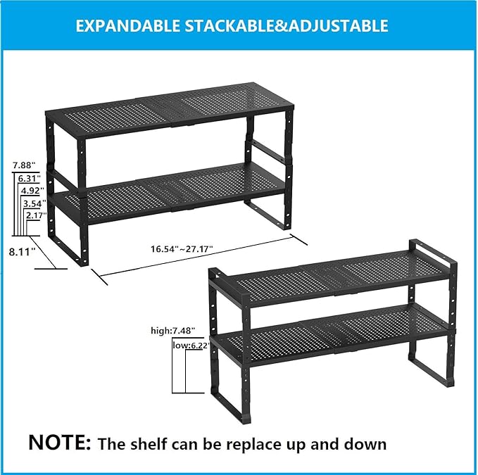 Expandable,Adjustable & Stackable Spice Rack, Cabinet Kitchen Countertop Shelf Organizer,Metal Pantry Storage Shelves - Space-Saving Storage Solution(2Packs/Black/Medium)-Ruum Studio Home