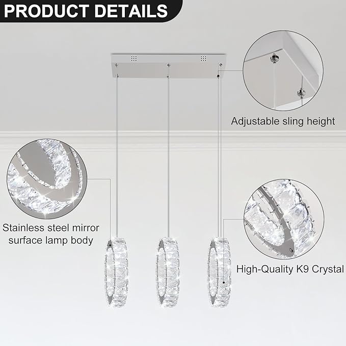 Buccleuch 3-Ring Crystal Chandelier, Dimmable LED Pendant Light Fixture Adjustable Stainless Steel Pendant Light, Silver Crystal Chandeliers for Dining Room, Bedroom, Living Room-Ruum Studio Home