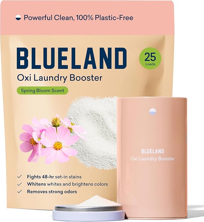 BLUELAND Oxi Laundry Booster Powder with Tin, Starter Set, Spring Bloom Scent, 25 Loads, 17.6 oz, Plastic-Free, Eco Friendly, Oxy Cleaner, Stain Remover-Ruum Studio Home