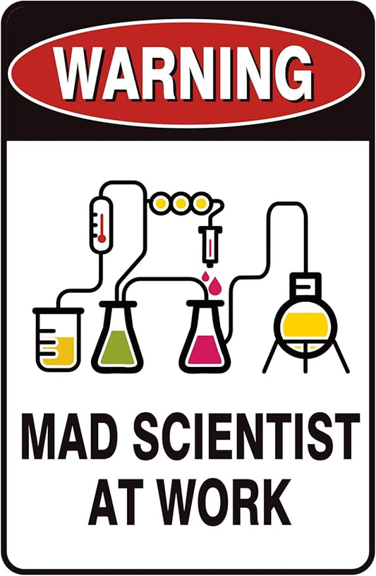 Vintage Tin Sign Retro Metal Funny Warning Mad Scientist At Work Signs for Home Decor Stylish Wall Art Plaques Gift for Bathroom Kitchen and Gothic Wall Decor in Every Room 12x8 in-Ruum Studio Home