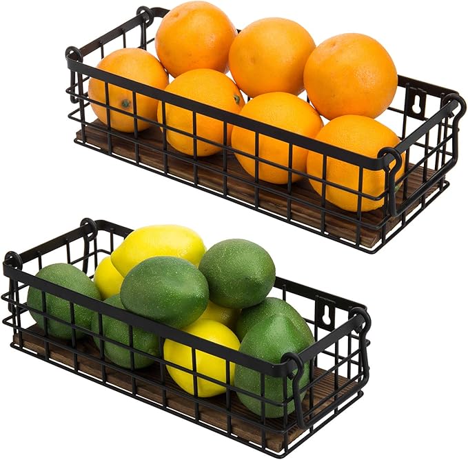 MyGift Set of 2 Wire Baskets for Pantry, Wall Mounted or Tabletop Black Metal Baskets for Organizing with Burnt Wood Base and Handles-Ruum Studio Home