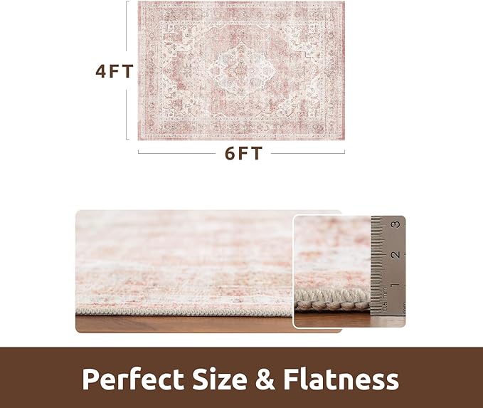 AMOAMI 4x6 Soft Vintage Area Rug - Non-Slip Washable Rug for Living Room, Bedroom, Dining Room, Office - Pink-Ruum Studio Home
