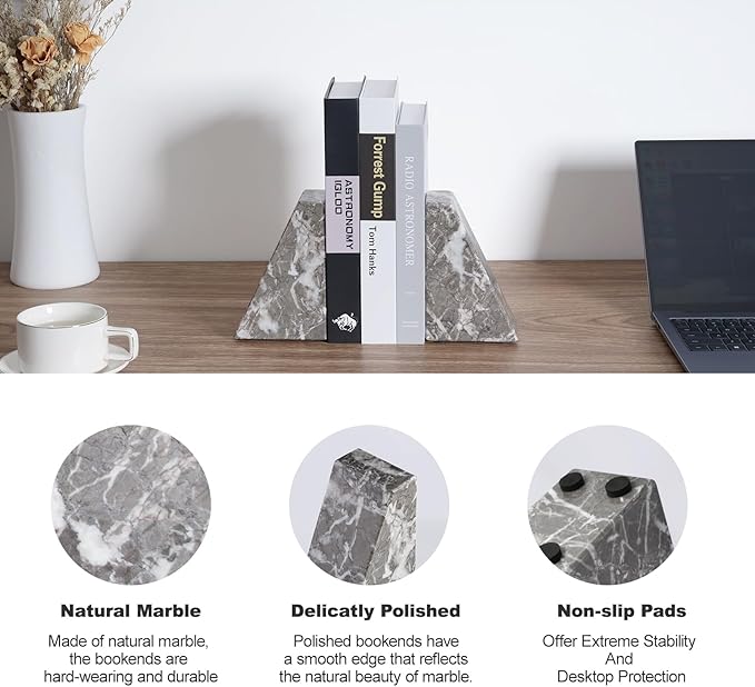 Marble Bookends for Heavy Books, Decorative Bookends for Shelves, Durable and Heavy-Duty Book End for Hardback Book & CDS, Unique Book Stopper & Holder, Gris Lido, Set of 2-Ruum Studio Home