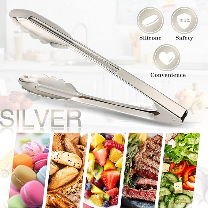 MSY BIGSUNNY 9 Inch Food Tongs for Cooking and Serving- Aluminum Kitchen Utensil - Set of 3 (silver)-Ruum Studio Home